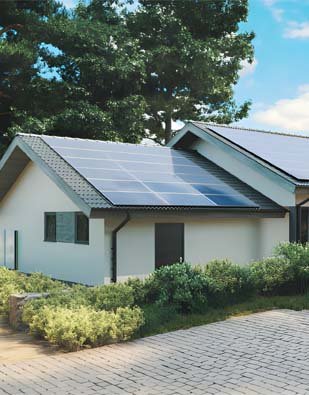 solar house, tree shiney blue cloudly sky